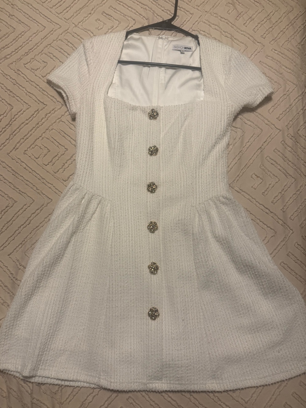Fashion Nova White Textured Button-Front Dress with Floral Buttons